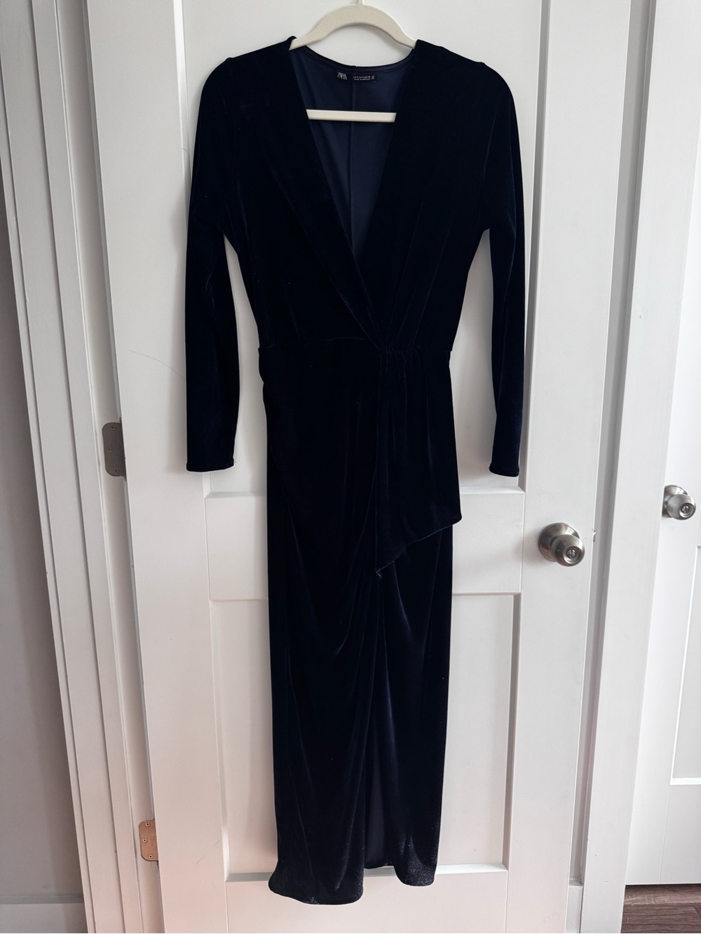 Zara Midnight Blue Long Sleeve Velvet Midi Dress